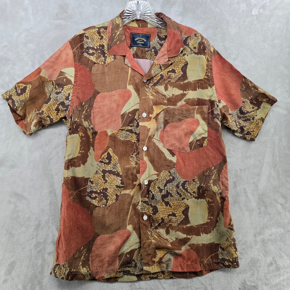 Portuguese Flannel Mens L Shirt Brown Mastic Abstract Print Tencel Camp Collar